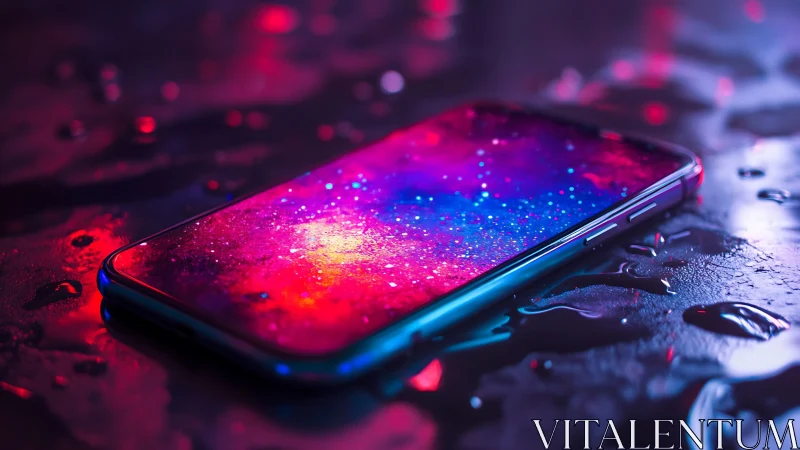 Neon galaxy smartphone on wet reflective surface at night.