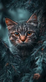 Tabby Cat with Amber Eyes in Winter Forest.