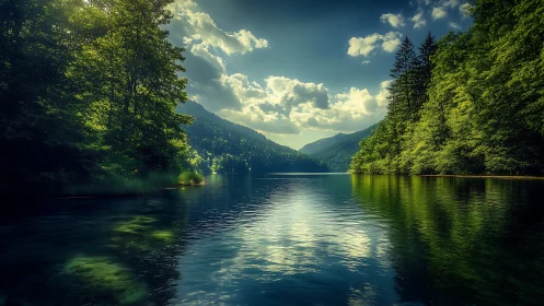 Calm forest lake reflects tree line and distant mountain range