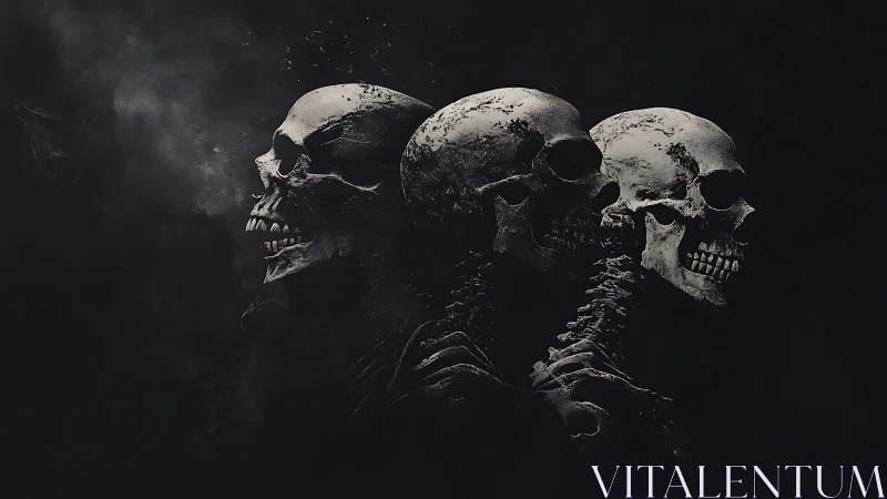 Macabre skull trio emerges from shadowed swirling darkness.