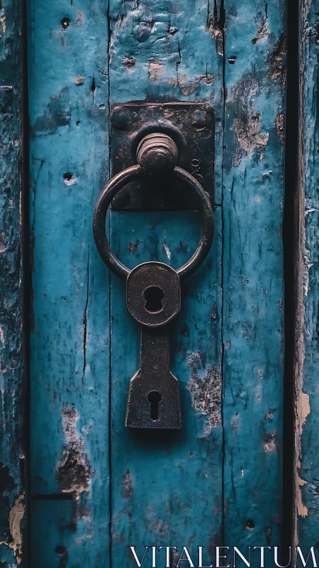 Weathered blue door with rustic iron knocker evokes mystery