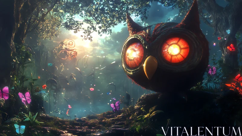 Glowing-eyed owl guardian watches over a dreamlit forest realm