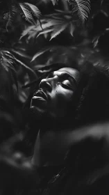 Monochrome portrait in deep foliage with directional rim light.