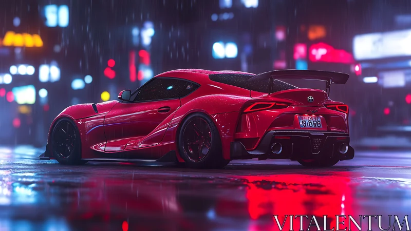 Red sports coupe in wet neon lit city street at night scene.