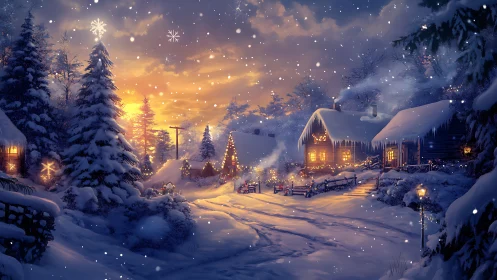 Snowy village glows with warm Christmas twilight lights.
