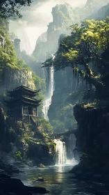 Hidden waterfall temple dreaming in mist-veiled mountains.