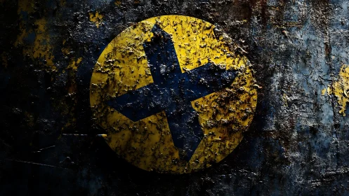 Peeling yellow cross emblem on corroded steel wall surface.