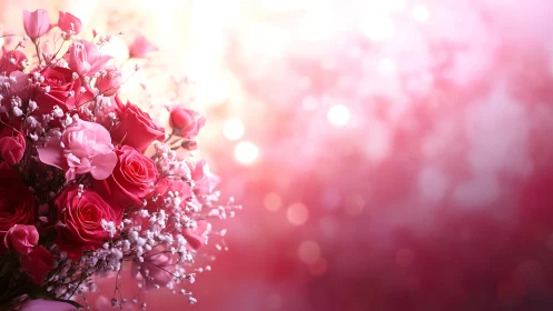 Pink Roses and Baby's Breath in Soft Bokeh Light.