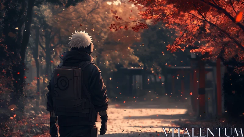 Backlit anime traveler walks through misty autumn shrine path