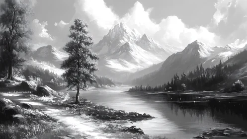 Snowcapped mountains rise above a tranquil reflective lake.