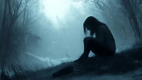 Solitary figure in misty winter forest clearing at dusk