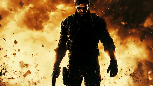 Armed tactical figure silhouetted against fiery explosion.