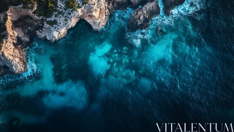 Aerial coastal cliff interface with foaming turquoise shallows