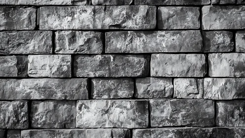 Rough Stone Brick Wall in High-Contrast Black and White Style.