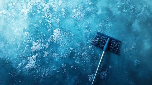 Wet floor surface with soap foam and cleaning broom tool.