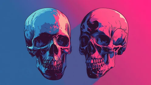 Neon skull duo under split cyan magenta lighting.