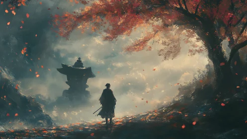 Samurai silhouette beneath autumnal canopy in misted shrine path.