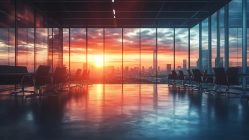 Sunlit corporate boardroom overlooking futuristic skyline.