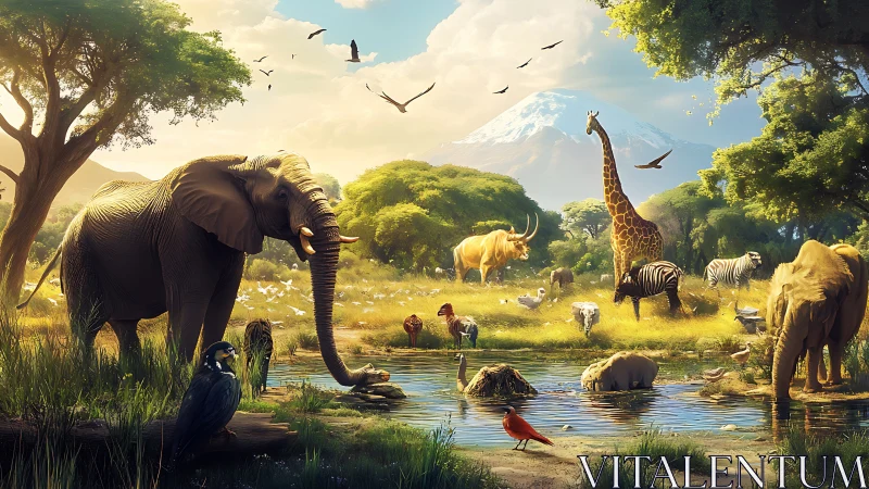 African wildlife at waterhole under distant snow peak.