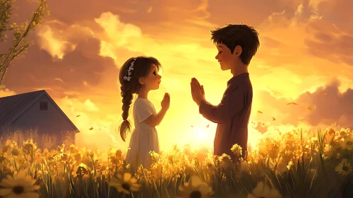 Digital painting of children in prayer at golden hour meadow.