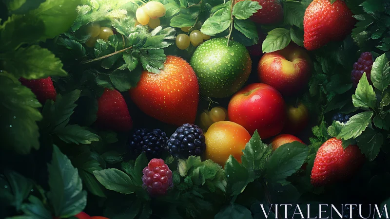 Hyper-realistic mixed berries and orchard fruit under dewy foliage