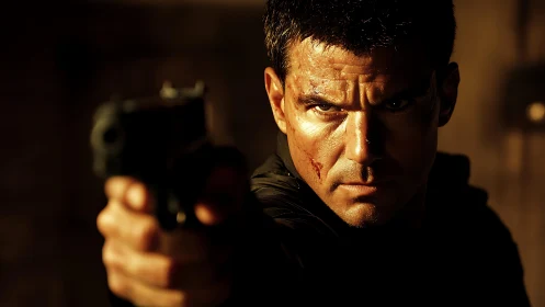 Intense gunman aims pistol forward in dramatic low light