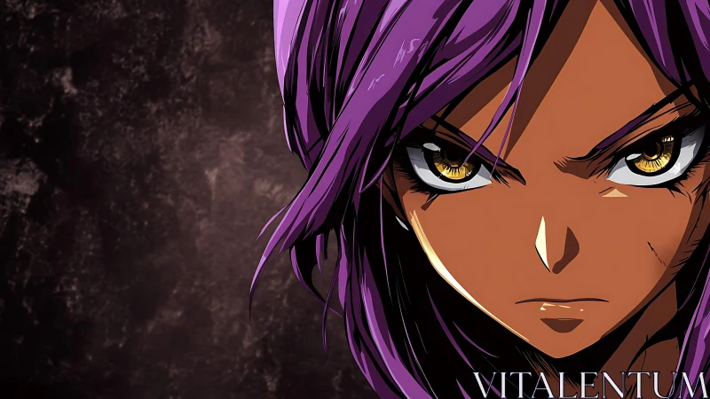 Purple haired anime warrior with intense golden eyes.