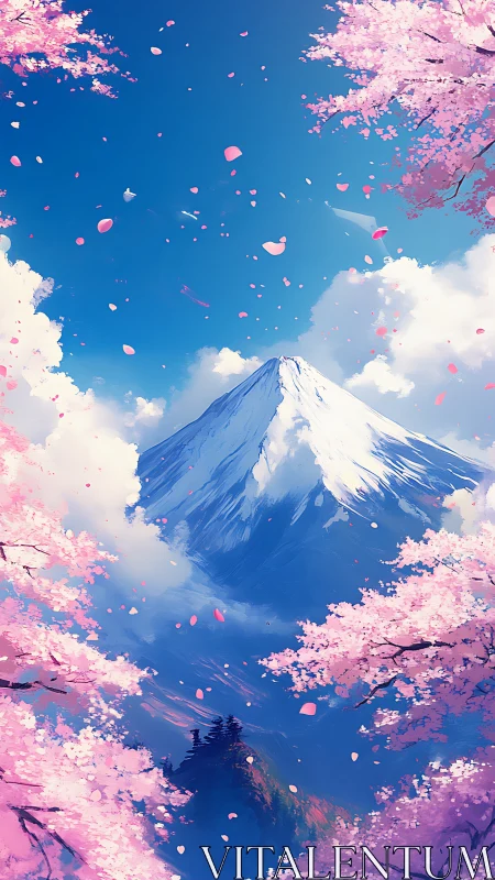 Snowcapped peak framed by vibrant cherry blossom petals.