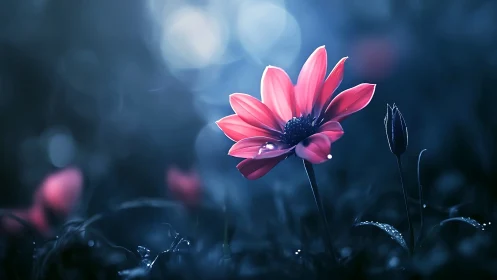 Pink daisy flower glowing against soft-focused blue bokeh backdrop.