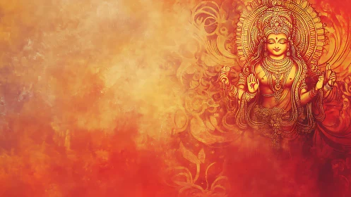 Golden Hindu goddess glows against radiant fiery backdrop