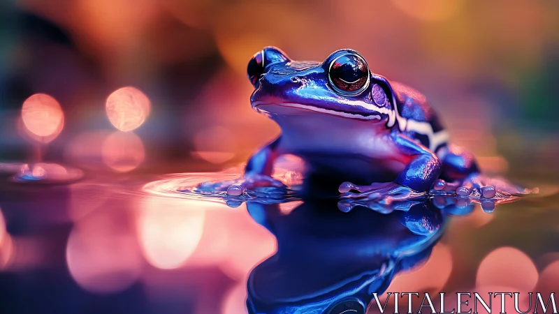 Iridescent tree frog on reflective water in neon bokeh light