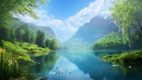 Mountain lake with surrounding forest and distant peaks.