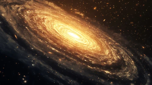 Bright golden spiral galaxy in deep dark space sky.