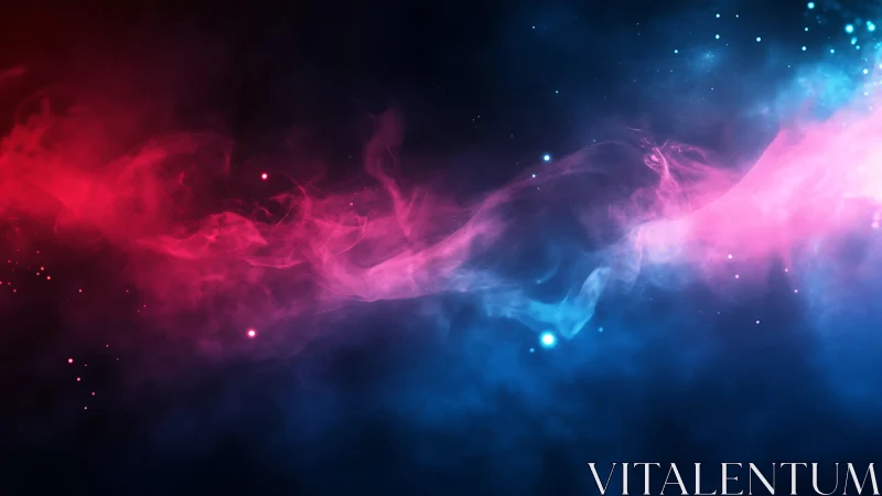 Cosmic nebula swirl in red and blue digital space art.