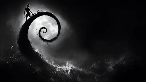 Silhouetted figure on spiral cliff before full moon at night.