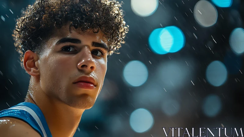 Focused young athlete under stadium lights in the rain.