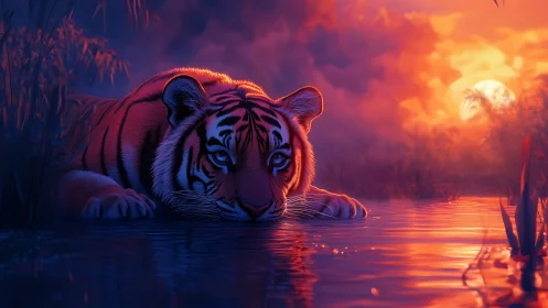 Tiger rests in shallow water under highly saturated sunset