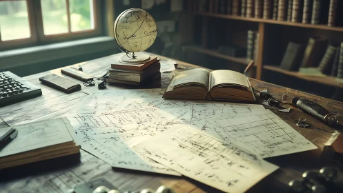 Sunlit study desk filled with sketches, books, and a globe.