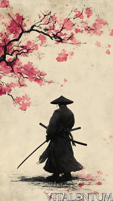 Silhouetted rōnin beneath dynamic ink-washed cherry blossoms.