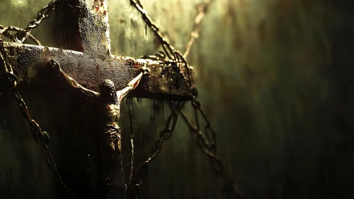 Photorealistic crucifix with corroded chains and harsh chiaroscuro.