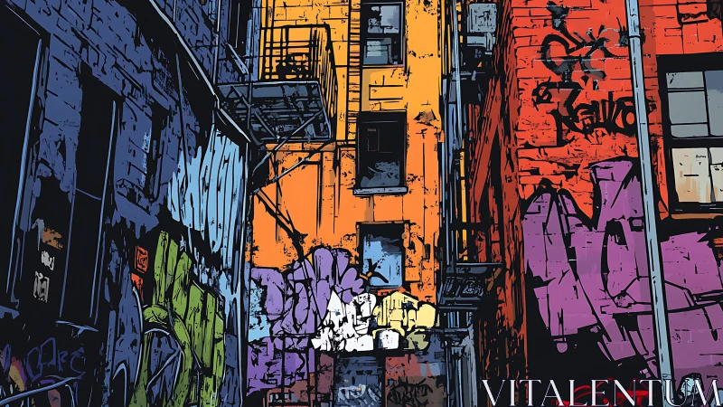 Urban alleyway bursts with bold neon graffiti and grit