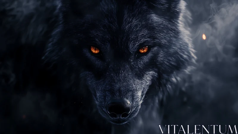 Ember-eyed shadow wolf studies the viewer through rising smoke