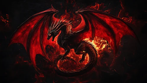 Red dragon with spread wings dominates a fiery background