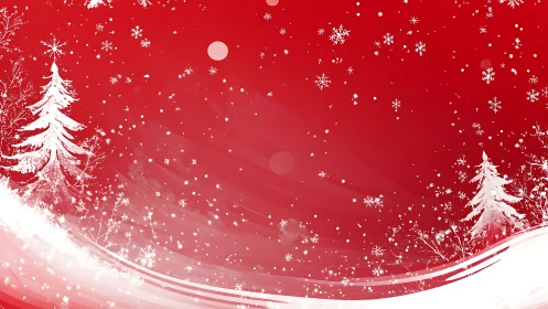 Snowy Christmas trees glow softly on a bright red sky