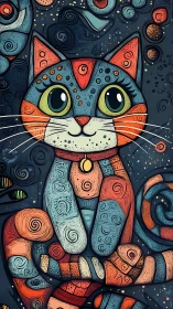 Ornate cat illustration with geometric patterns in blue and orange