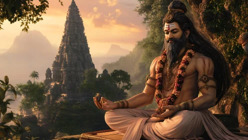 Meditating ascetic before stepped temple in forested valley.