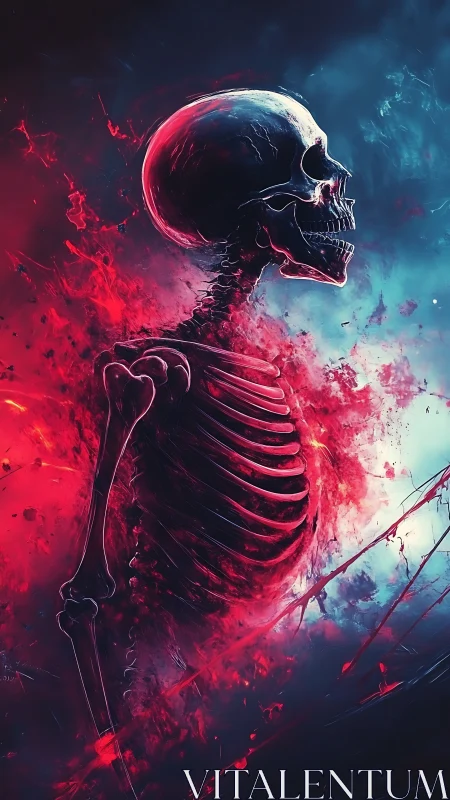 Luminous crimson skeleton erupting in nebular flames.