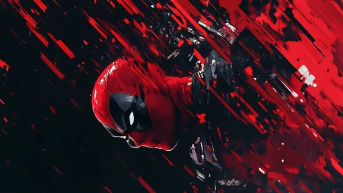 Red masked character in fragmented digital abstraction.