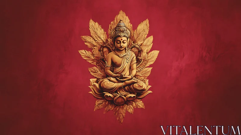 Golden seated Buddha relief on deep red textured backdrop.