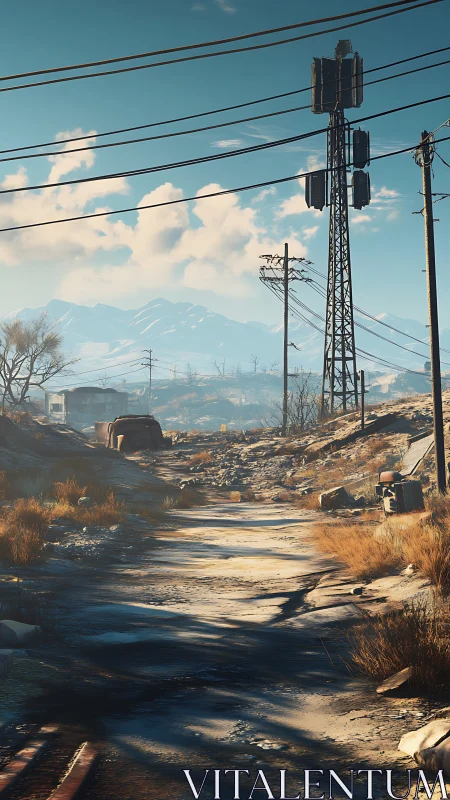 Rural dirt road with power lines and distant mountain range.